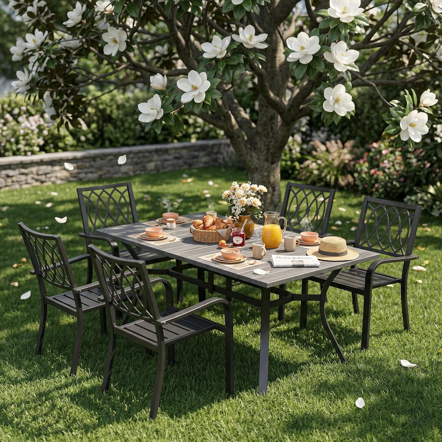 7-Piece Outdoor Patio Dining Set, 63" Rectangular Metal Table with Umbrella Hole and 6 Chairs, Rustproof, 350 lbs Capacity