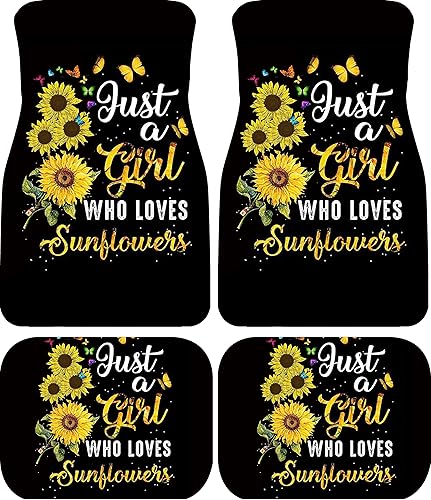 Biyejit Juego de 4 alfombrillas decorativas para el piso del coche con respaldo de goma, diseño de girasoles para el interior del coche