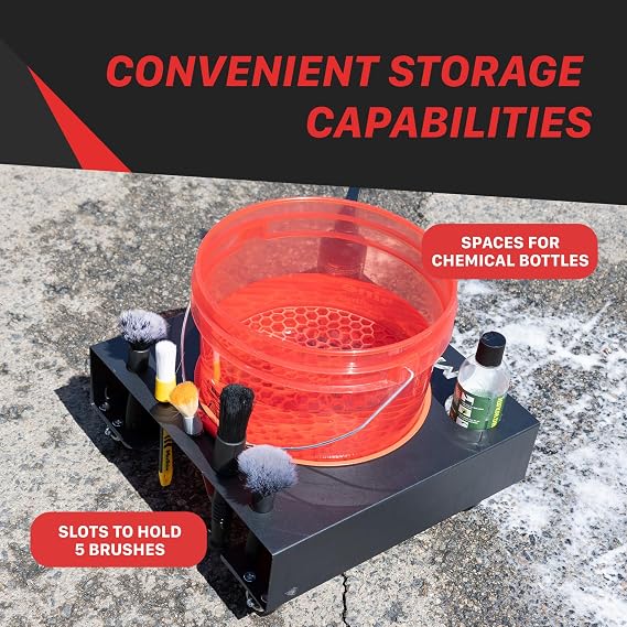 Maxshine Universal Steel Bucket Dolly | H12, Metal, 15.74x15.74x7.48 | Steel Construction, Integrated Tool Storage, Locking Wheels | Detailing Bucket Dolly Organizer