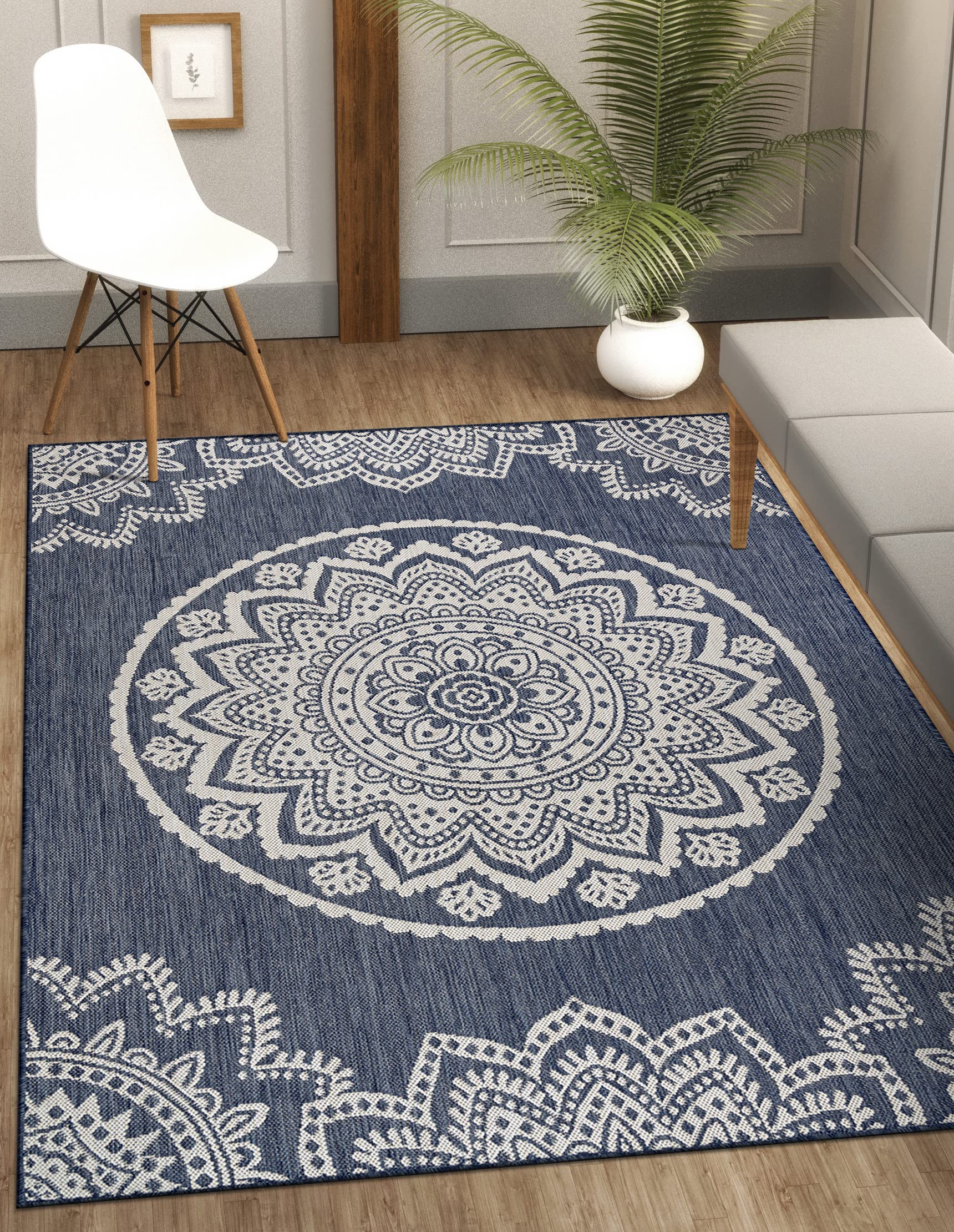 CAMILSON Outdoor Rug - Modern Area Rugs for Indoor and Outdoor patios, Kitchen and Hallway mats - Washable Outside Carpet (8x10, Medallion - Blue / White)