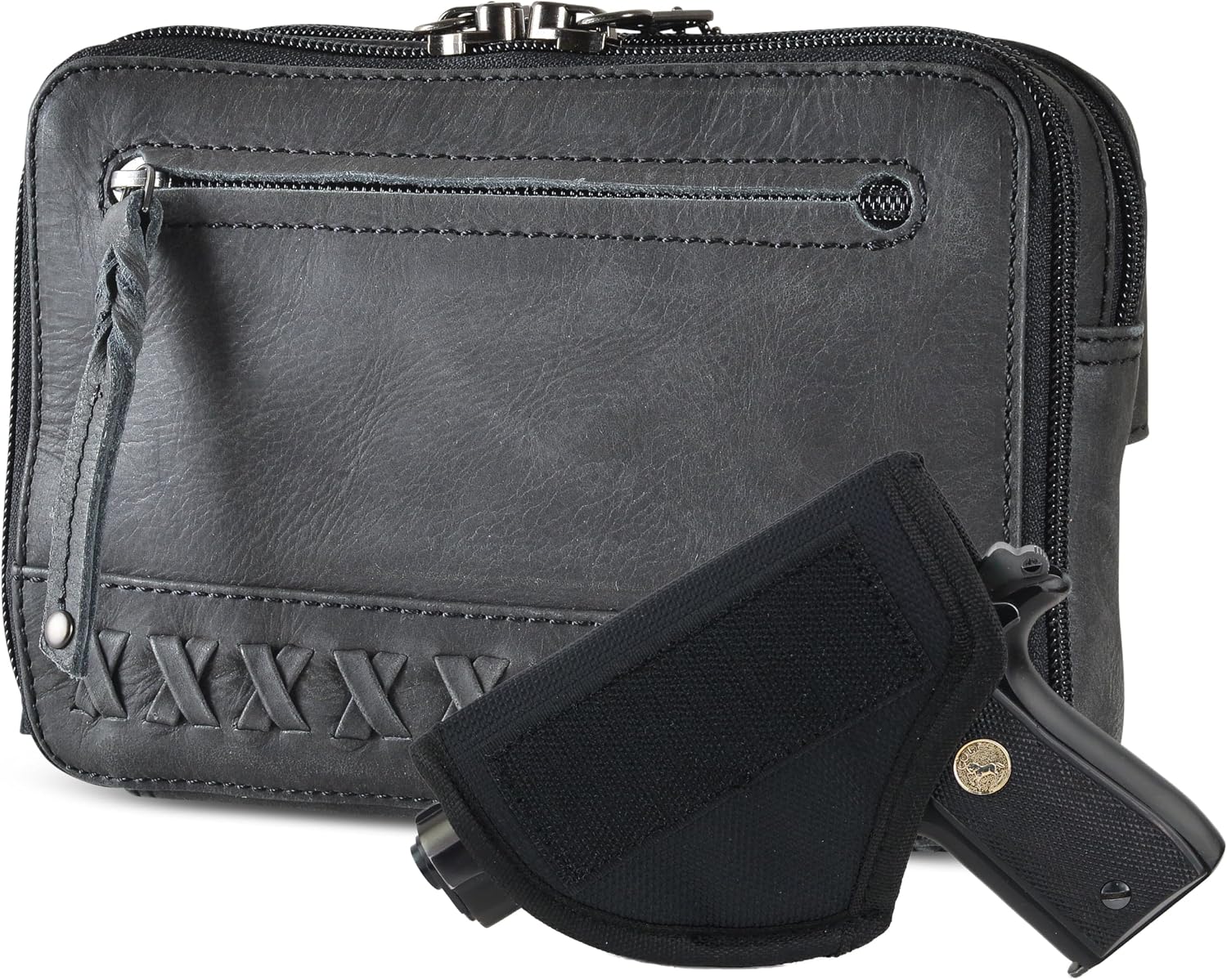Kailey Concealed Self Defence Waist Bag by Lady Conceal - Buffalo or Suede Cowhide Leather, 3 Open Sides and YKK Locking Zippers with Universal Holster (Black) - 8" L x 5.5" H x 2.25"