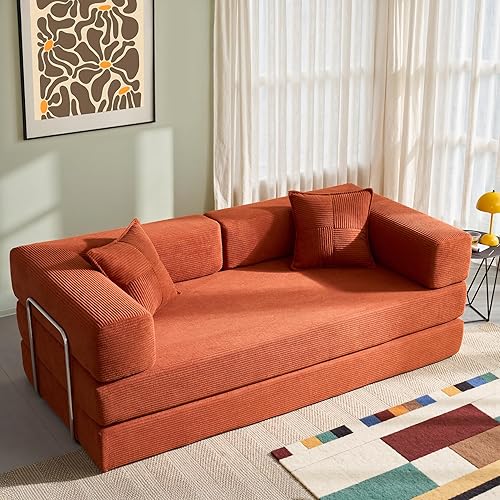 YINIX Foldable Sofa Bed, 78'' Folding Floor Couch, Compressed Convertable Sleeper Sofa, Memory Foam Couch with Pillow Back Support Armrest, 4-in-1 Futon Sofa Bed for Living Room, Orange