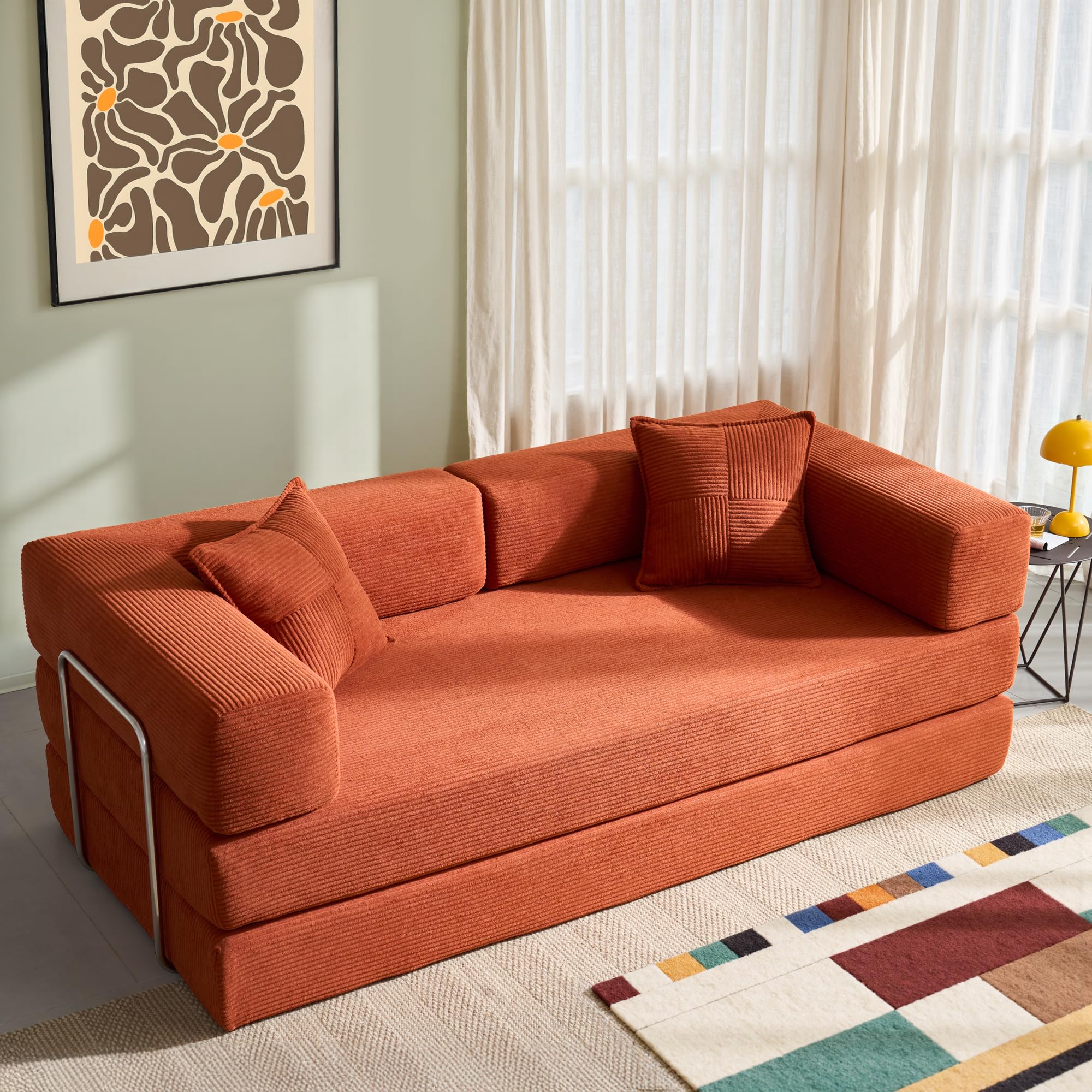 YINIX Foldable Sofa Bed, 78'' Folding Floor Couch, Compressed Convertable Sleeper Sofa, Memory Foam Couch with Pillow Back Support Armrest, 4-in-1 Futon Sofa Bed for Living Room, Orange