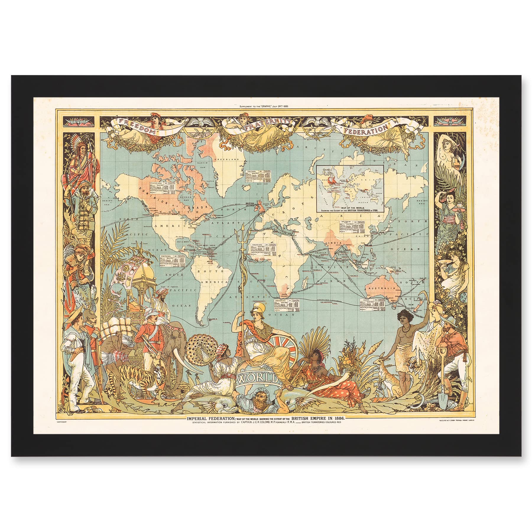 Artery8 Crane 1886 Pictorial Map British Empire World Colonial Brittania Artwork Framed A3 Wall Art Print