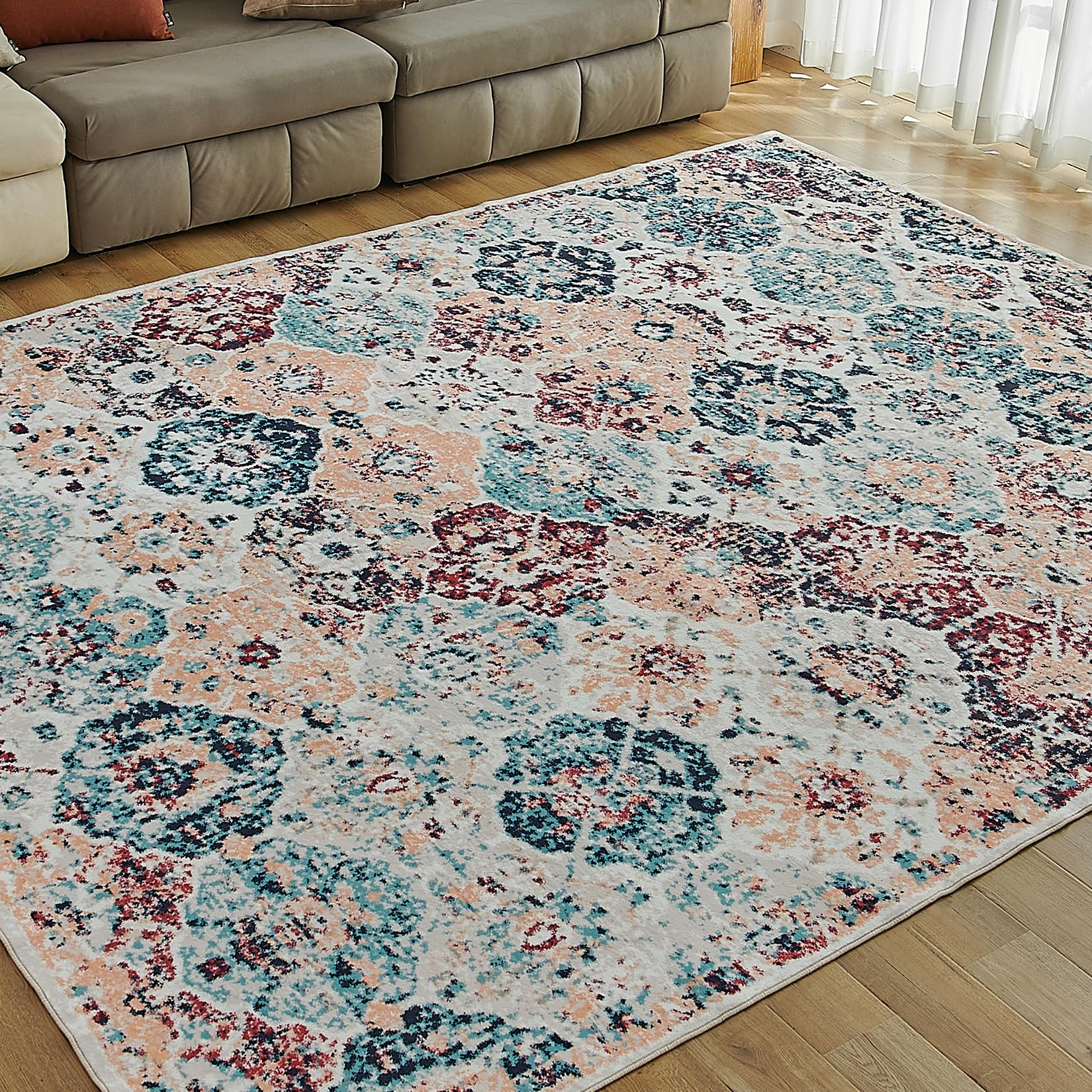 Washable Area Rug Large 8x10 Boho Rug Vintage Design for Living Room, Bedroom, Checkered Ultra Soft Non Slip Rug, Indoor Floor Carpet Multi Thin Rug, Blue-Pink