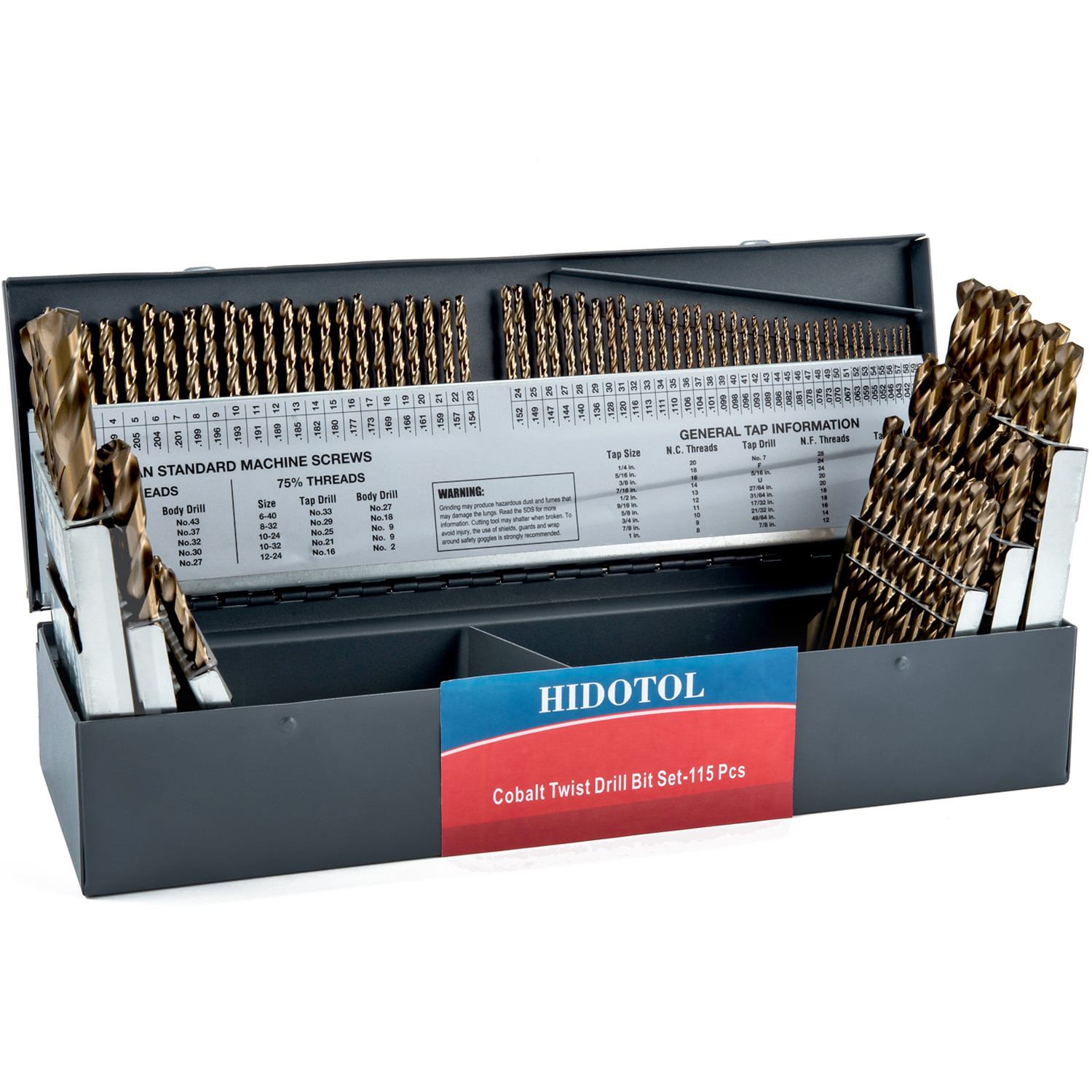 Image of HIDOTOL 115PCS Cobalt Drill Bit Set M35 HSS for Hardened Steel Fractional 1 /16 inch-1 /2 inch, Letter A - Z, Wire #1 - #60 with Indexed Metal Case
