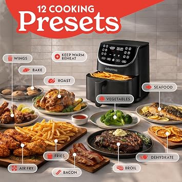 Gourmia Air Fryer - 7 Qt Large Capacity with LED Display, 12 One-Touch Presets, FryForce 360 Technology, Nonstick Dishwasher-Safe Basket & Crisper Tray, Black
