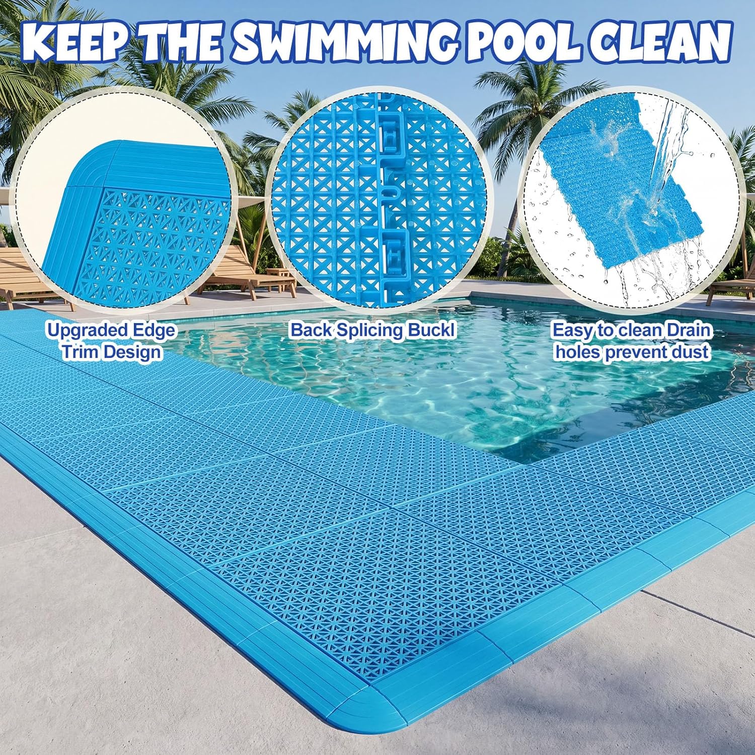Interlocking Pool Deck Tiles 16 PC Modular Non‑Slip Floor Mats with 20 Edge Strips 9.84″ x 9.84″ Outdoor Drainage Floor Mat for Pool, Patio, Garage & Bathroom(Blue)