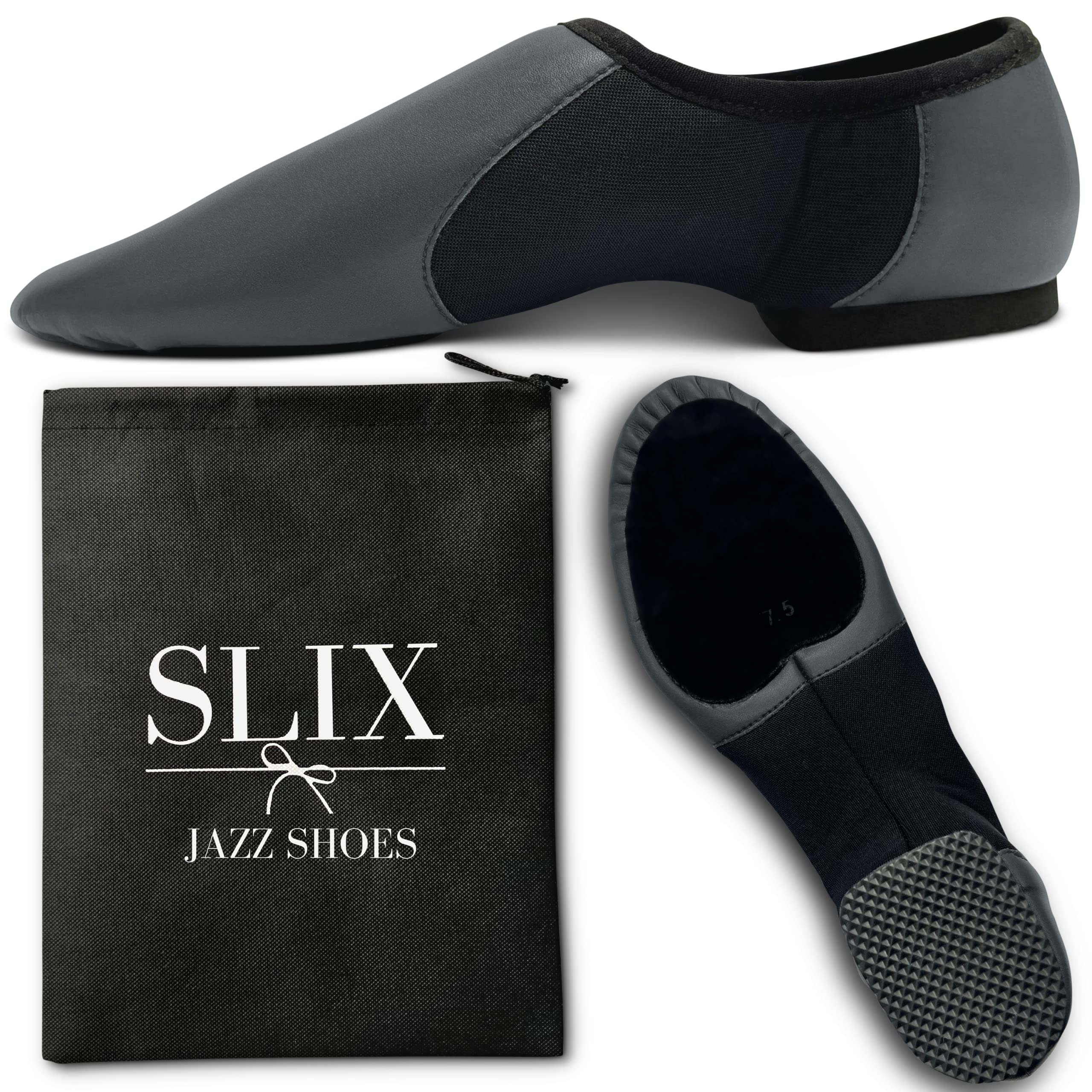 SLIXDance Presents The Jazz Shoe, Easy Slip On Slip Off Black Dance Shoes, Real Suede and Rubber Split Sole for Women and Girls with Free Carry Bag Sizes 13s to Adults 8