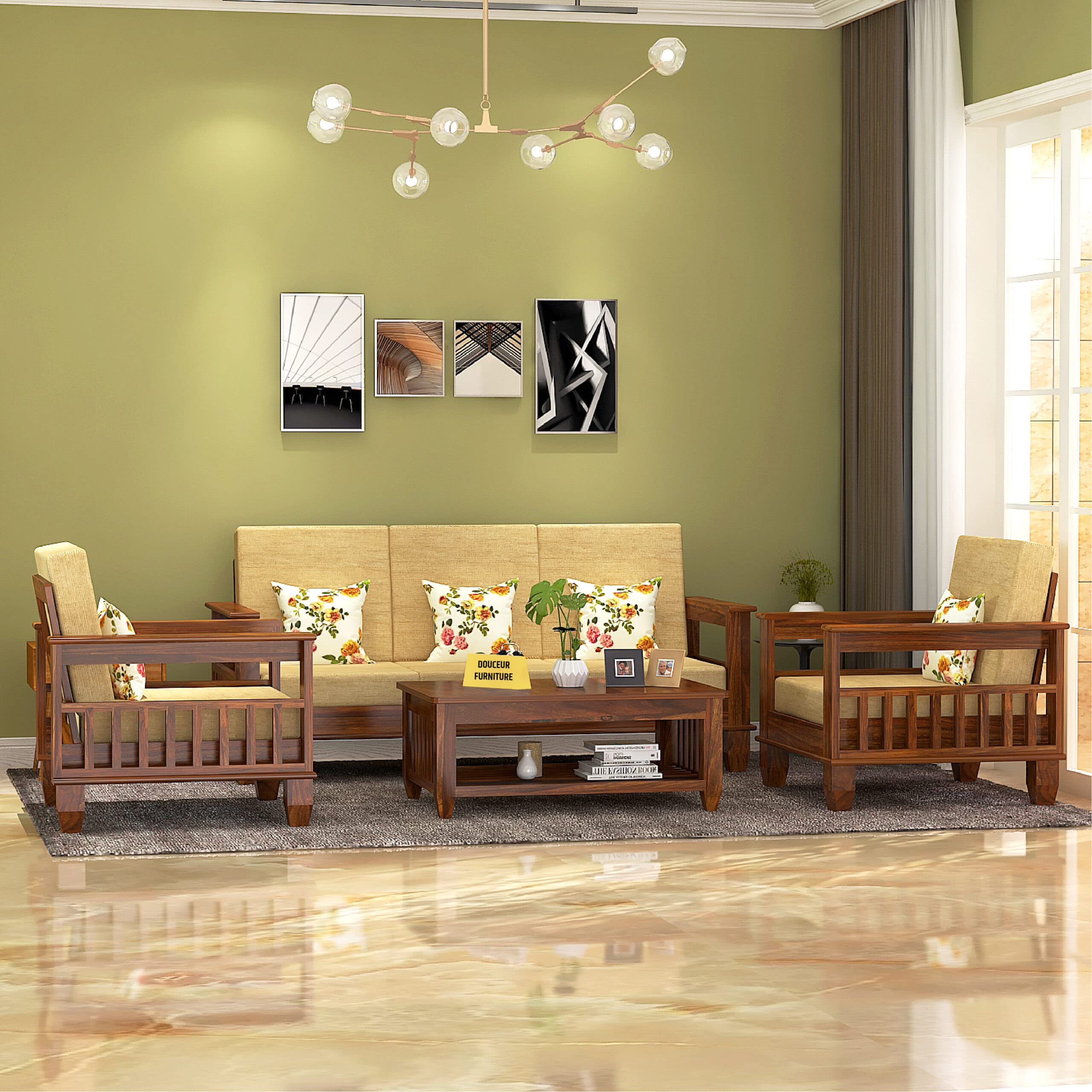 Douceur Furnitures Solid Sheesham Wood 5 Seater Sofa | Five Seater Sofa Set for Living Room/Hotel/Office | Wooden Five Seater Sofa Set | Finish- Natural Finish | Cushion- Cream-image-42