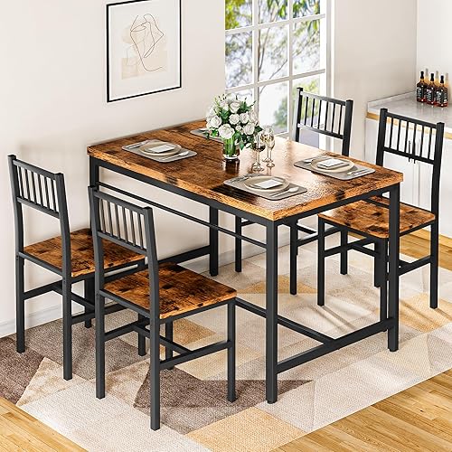 Miniatura 4 de Lamerge Juego de mesas de cocina para 4, juego de mesa de comedor rectangular con 4 sillas de respaldo, juego de mesa de comedor de 5 piezas para