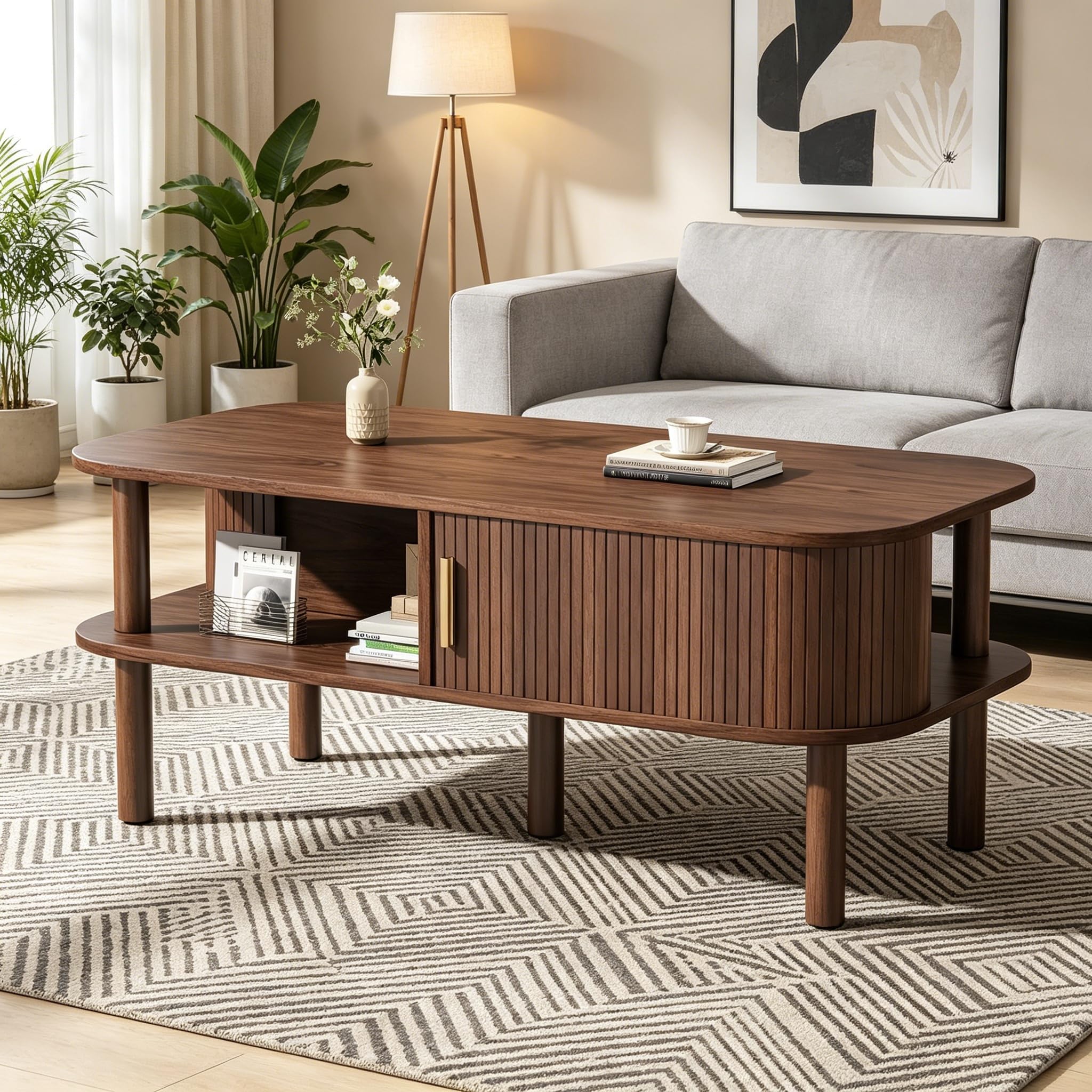 Couchtisch mit Schiebetür 110x55 cm Walnuss | Couchtisch mit Schiebetür, MDF-Holzfurnier, Wohnzimmer Sofaecke, Familienhaushalte