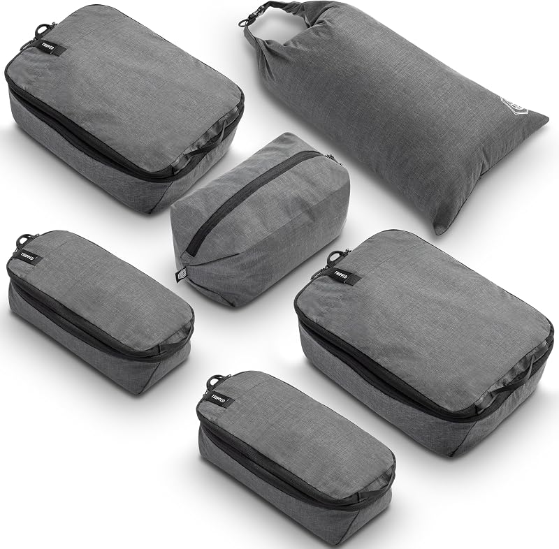 Juego de 6 cubos de embalaje de compresión que ahorran espacio | Organizadores de viaje premium con bolsas para ropa sucia y zapatos para valija y equipaje de mano, cremalleras reforzadas y paneles de malla