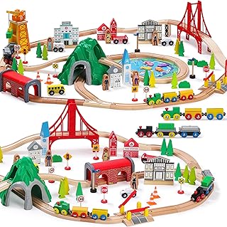 SainSmart Jr. 112-Piece Wooden Train Set for Toddler – Double-Sided Trai...
