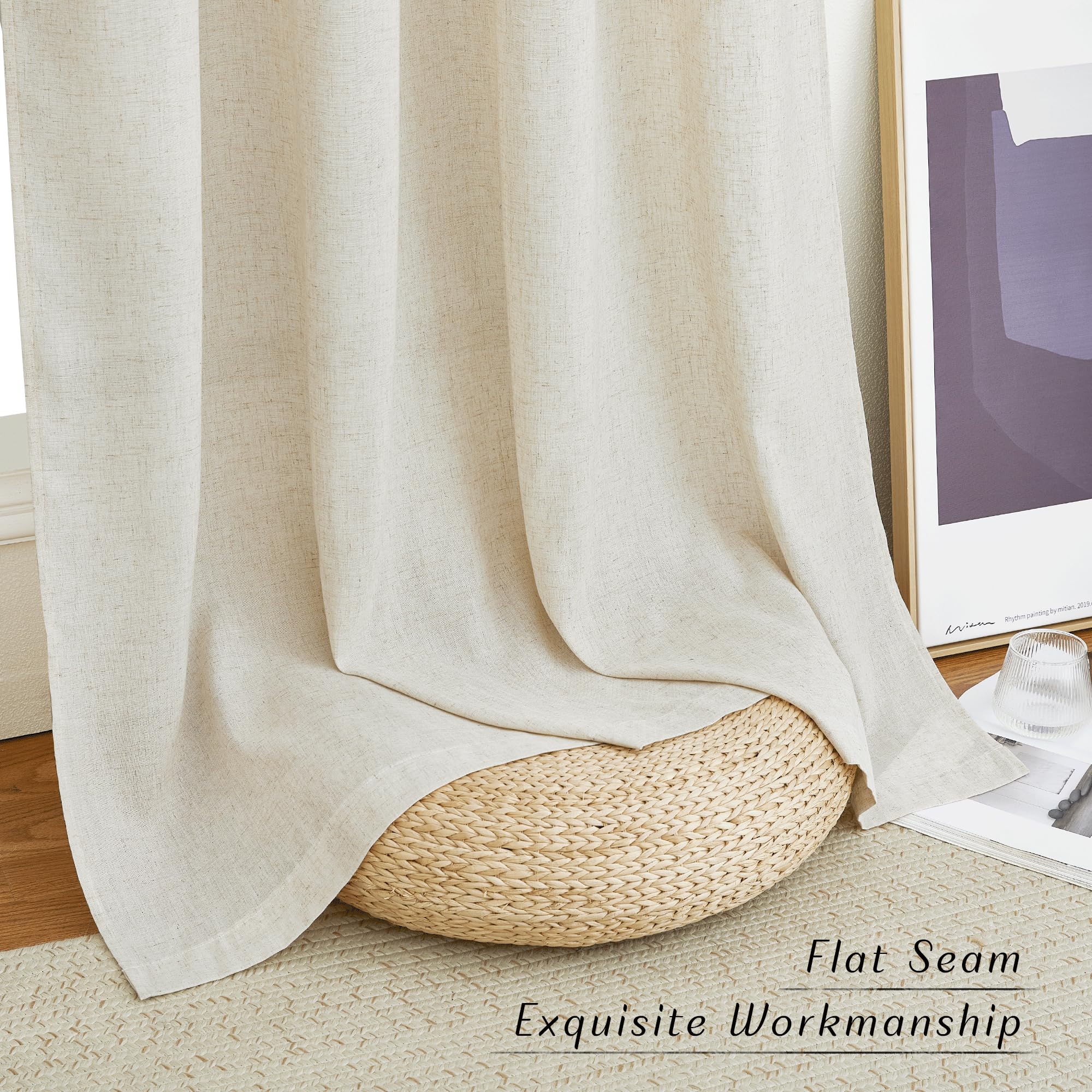 PONY DANCE Rideau Voilage Epais - Rideaux pour Fenêtre Salon Lin Naturel, Passe Tringle Protecter la Confidentialité, Decoration Chambre, 2 Pcs, L140 x H300 cm, Beige Clair | Tissu semi-transparent 150 g/m² pour chambre à coucher, intimité décorative, ave