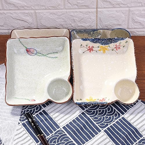 Miniatura 2 de Whitenesser Juego de 2 platos cuadrados de cerámica y sushi de estilo japonés con compartimentos para salsa, elegantes platos hechos a mano para
