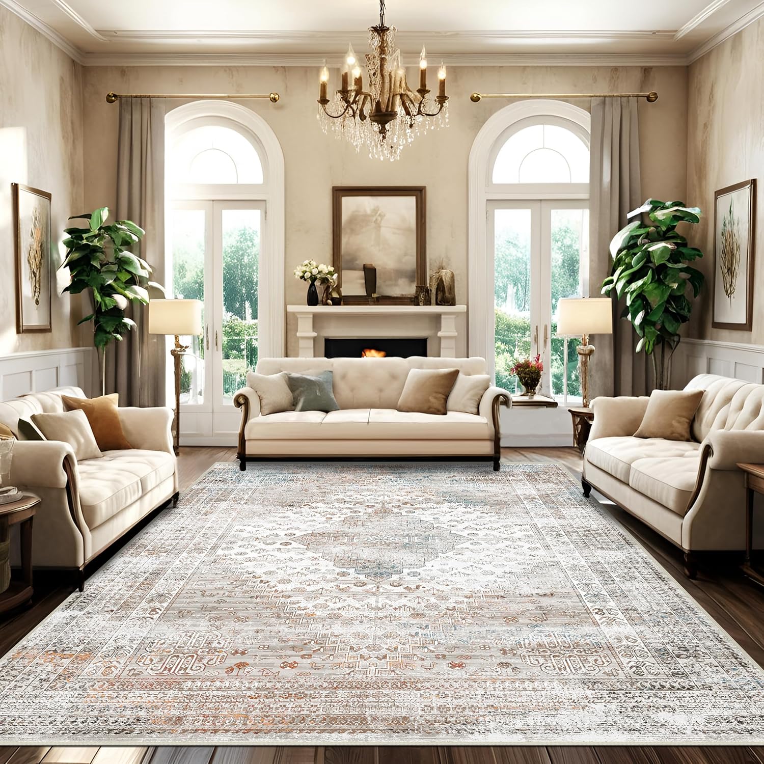 9x12 Area Rug Washable Rug: Ultra Soft Vintage Large Rugs for Living Room, Non-Slip Foldable Machine Washable Area Rugs, Low Pile Indoor Carpet for Bedroom, Nursery, Farmhouse (9'x12', Multicolor)