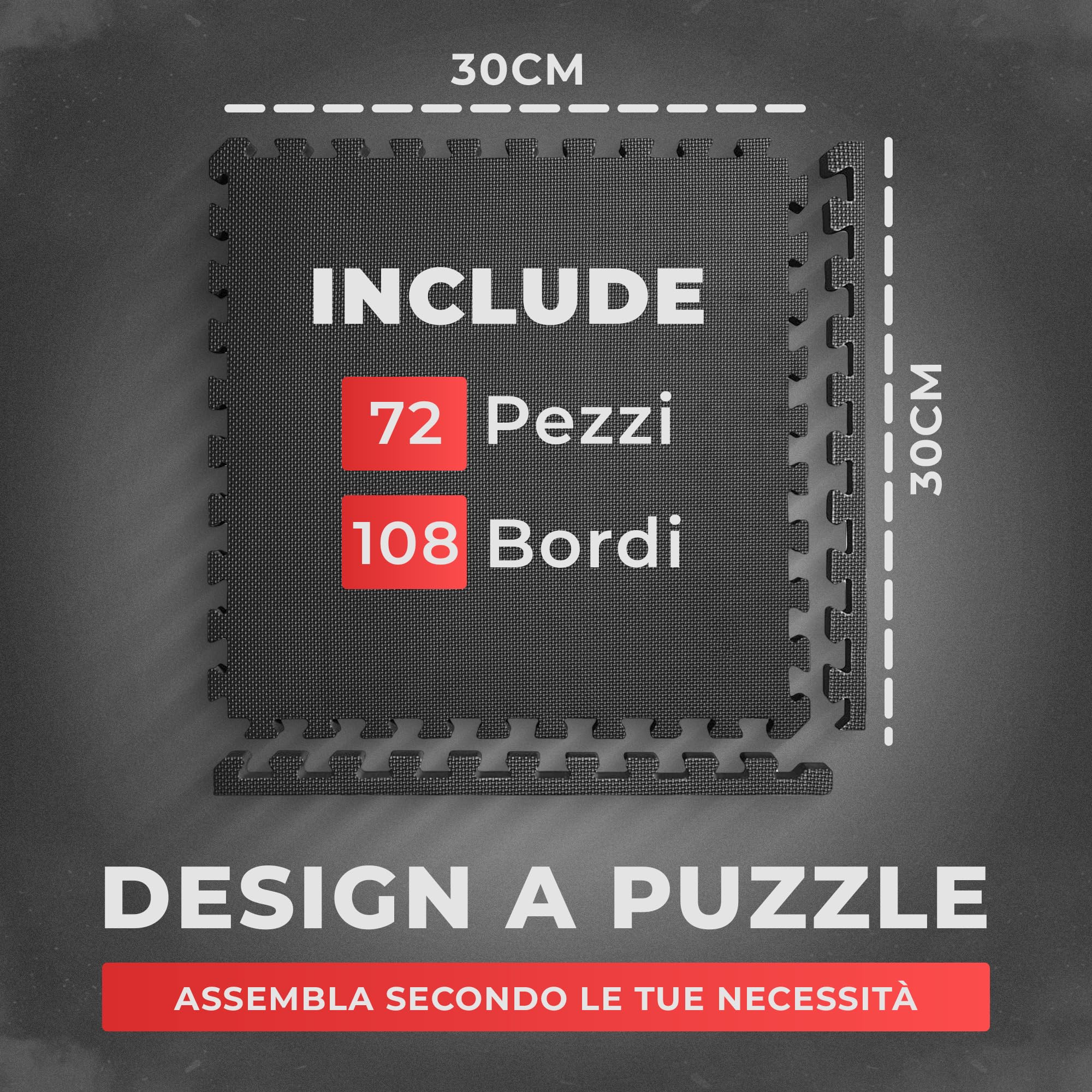 JUPPLIES Tappeto Palestra Puzzle in Gomma EVA – Pavimento Gommato Antiscivolo per Casa | Tappetini Palestra 30x30x1cm | Set da 18/36/72 Piezze – Yoga, Pesi, Fitness (72)