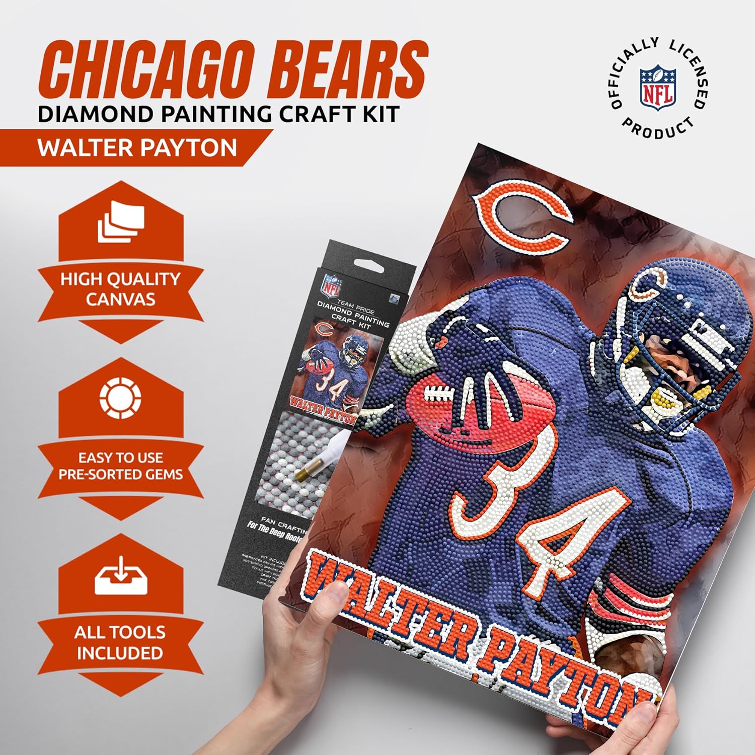 Sporticulture NFL Retired Players Chicago Bears - Walter Payton Diamond Painting Craft Kit – Officially Licensed DIY Fan Art Includes Pre-Sorted Gems, Craft Tray with Instructions