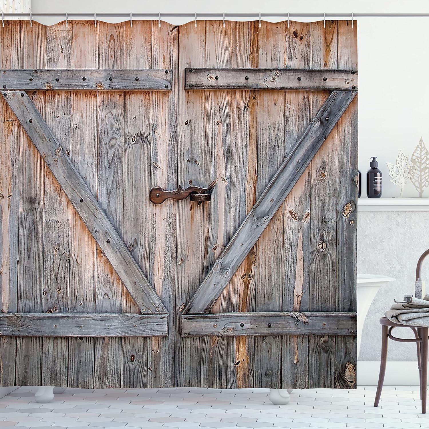 Ambesonne Rustic Shower Curtain, Old Wooden Garage Door American Native Country Farm Style Art Image, Cloth Fabric Bathroom Decor Set with Hooks, 69" W x 84" L, Bronze Charcoal