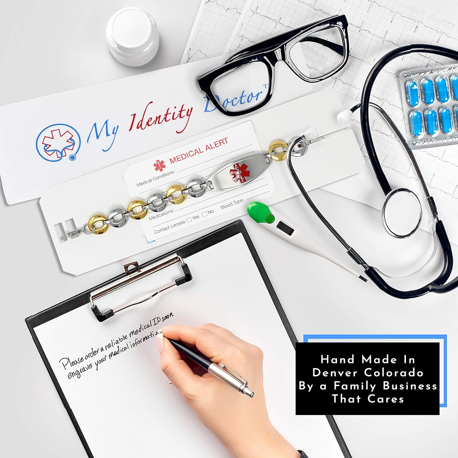 Medical Bracelet For Women With Free Engraving, Stainless Steel Personalized Medic ID Custom Sized, 1.5cm Gold Tone Chain
