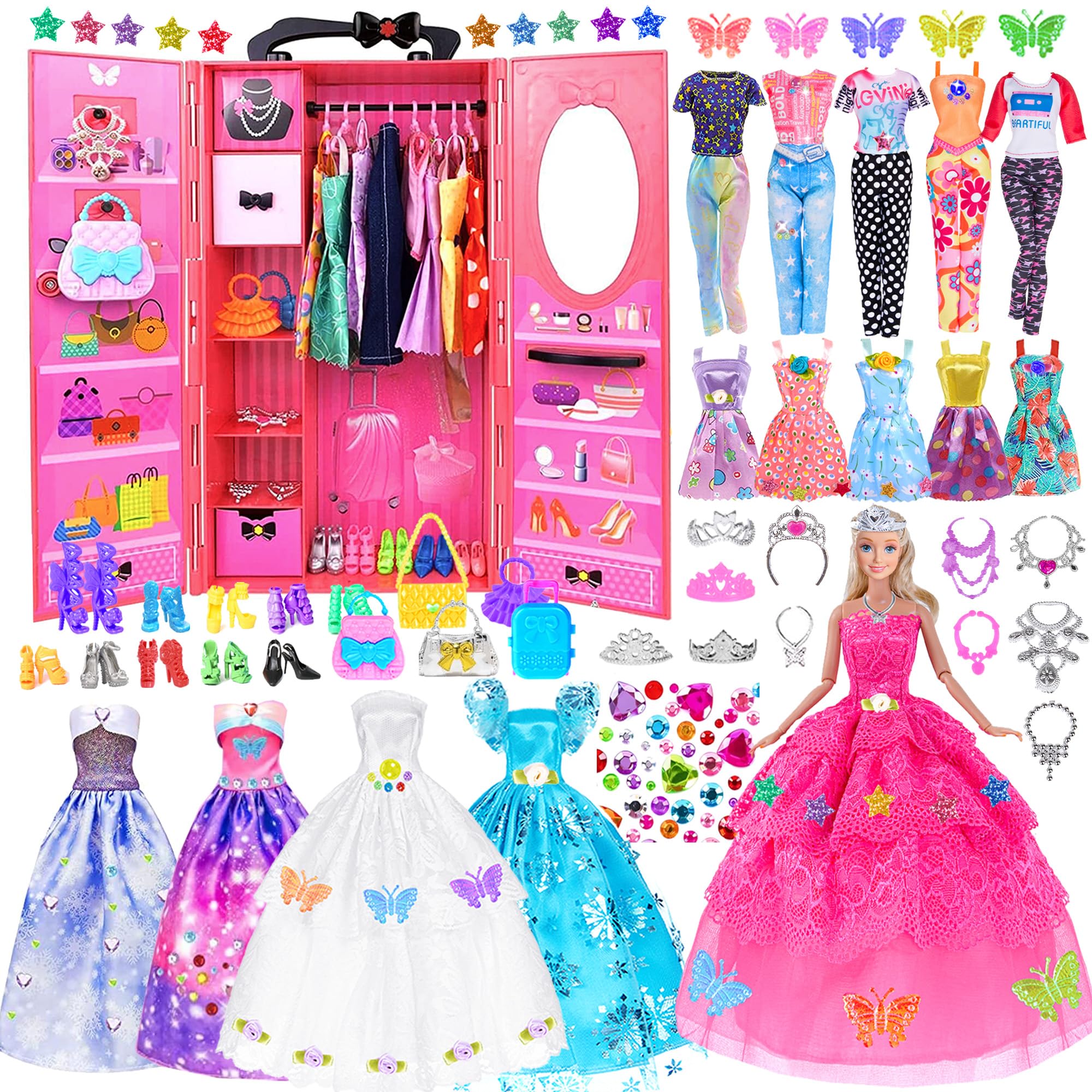 140 Pack 11.5 inch Doll and Closet Set - Fashion DIY Wardrobe Clothes and Accessories Including Doll, Wardrobe, Wedding Dress,Shoes, Necklace, Bags