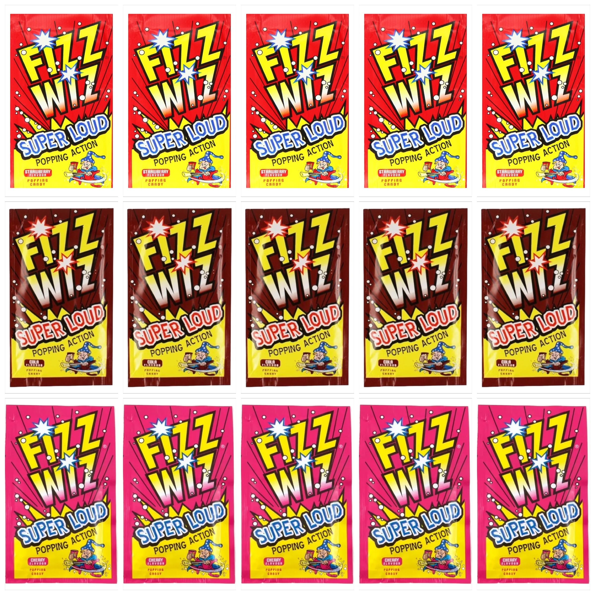 Fizz Wiz Popping Candy Mixed Flavours - 15 Packets of 5g - Fun and Exciting Popping Sensation - Great for Parties - Strawberry, Cherry, Cola