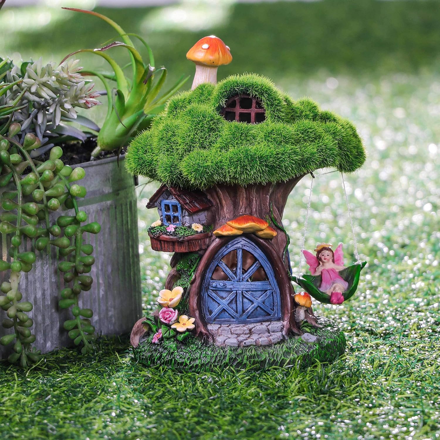 TERESA'S COLLECTIONS Flocked Solar Fairy House Statue Decoration Bundle (2 Items) | Outdoor Fairy House Figurine and Big and Mini Mushroom Fairy Garden