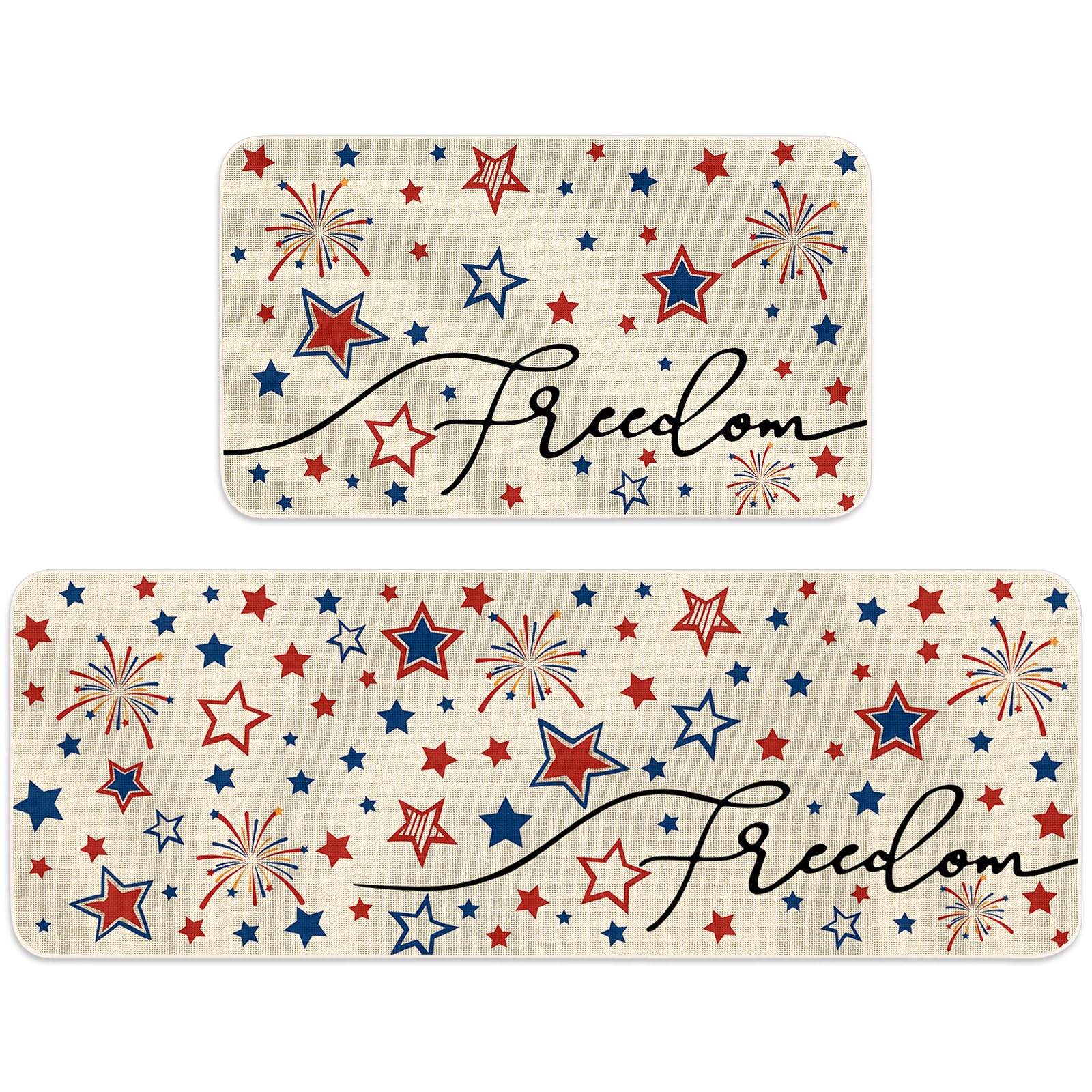 JarThenaAMCS Patriotic Kitchen Mat Set of 2 Red Blue American Star Firework Kitchen Floor Mats 4th of July Freedom Non-Slip Door Rugs for Independence