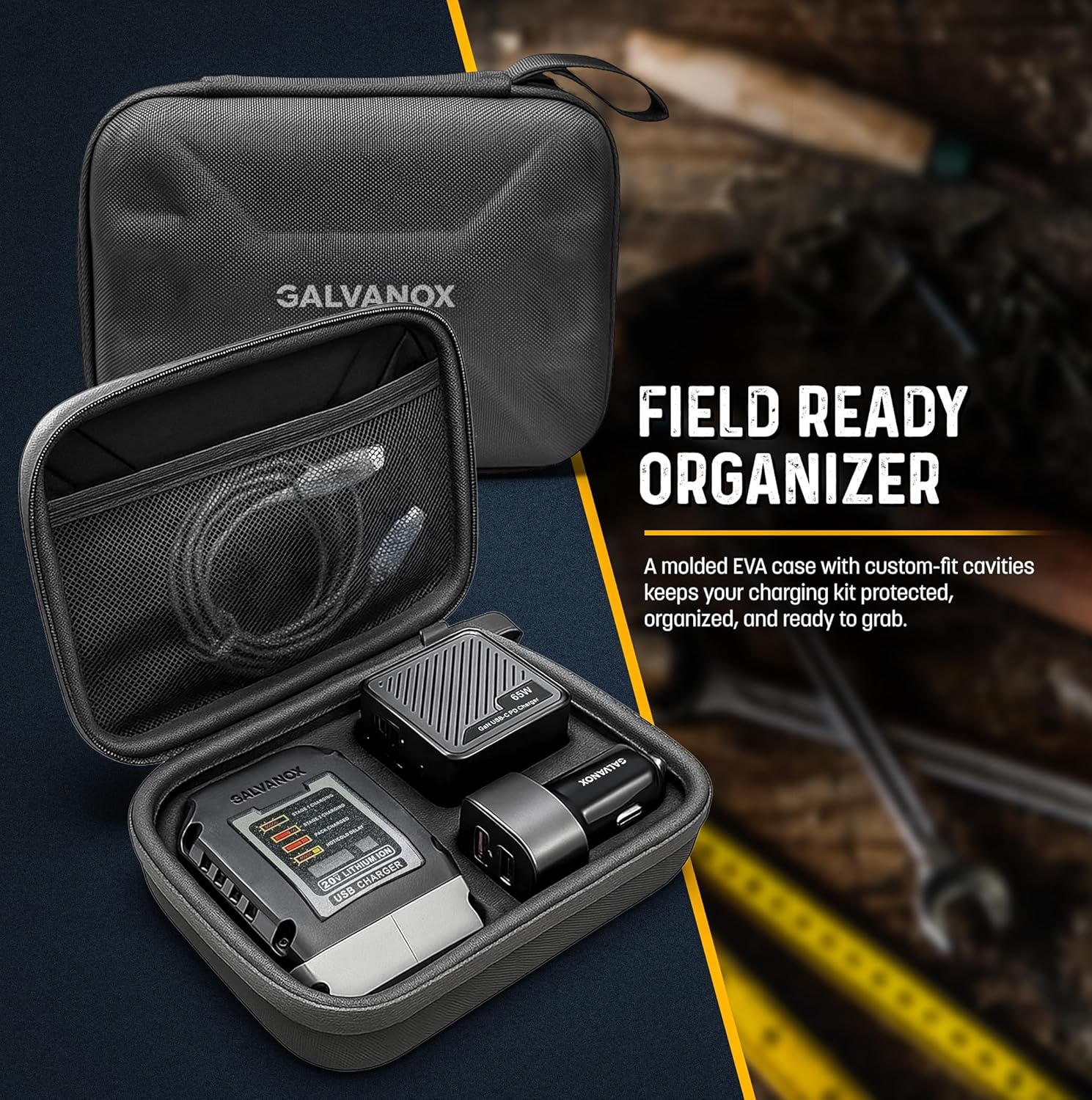 Galvanox Portable Battery Charger Set for DEWALT 20V Max Batteries, Fast Charging Powerbank Enabled (65W Input/Output) USB Type-C with AC Wall, DC Vehicle Car Adapter and Organizer (Power Pack, 4PC)