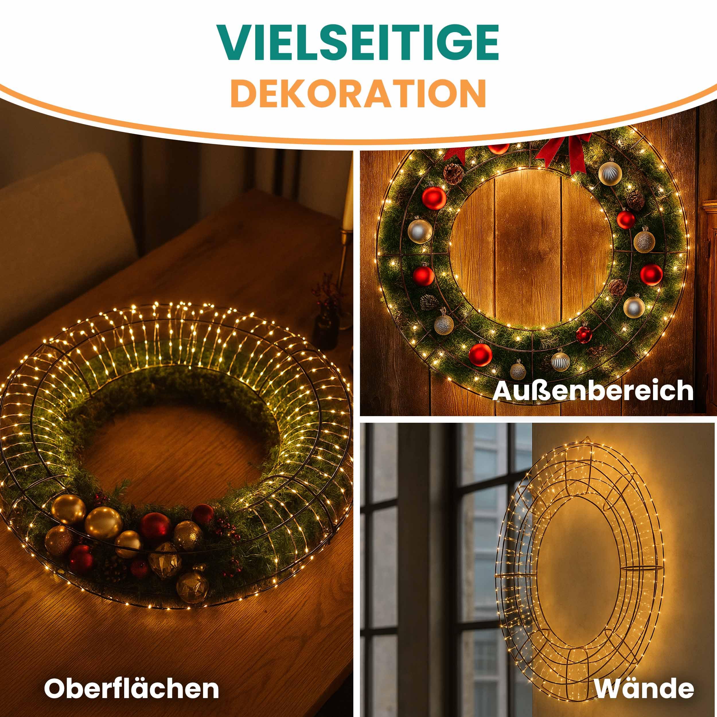 Gartenpirat Kranz 70 cm aus Kupferdraht Lichterkette 1920 LED warmweiß mit Timer-Funktion Weihnachtsdeko Türkranz Wanddeko für innen und außen