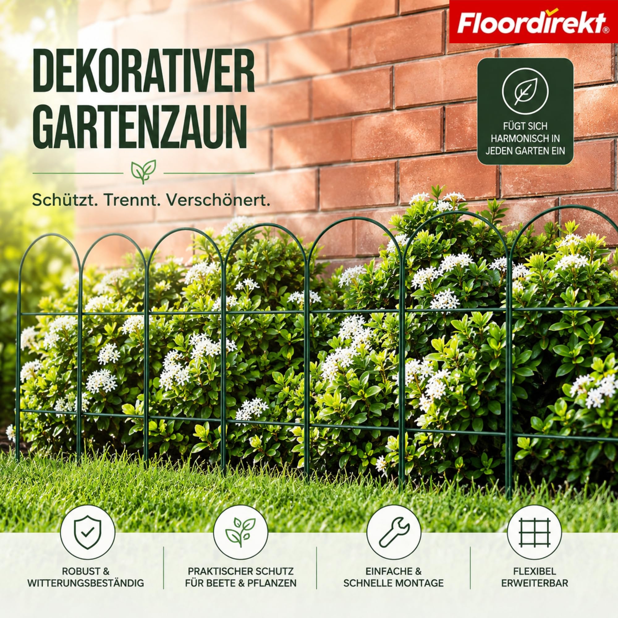 Floordirekt Beetzaun Metall, 65 cm x 10 m, Ziergeflecht, dekorative Beeteinfassung, Beetumrandung, Gartenzaun, Zaun zum Stecken, Drahtzaun, Zierzaun, kleiner Zaun für Garten