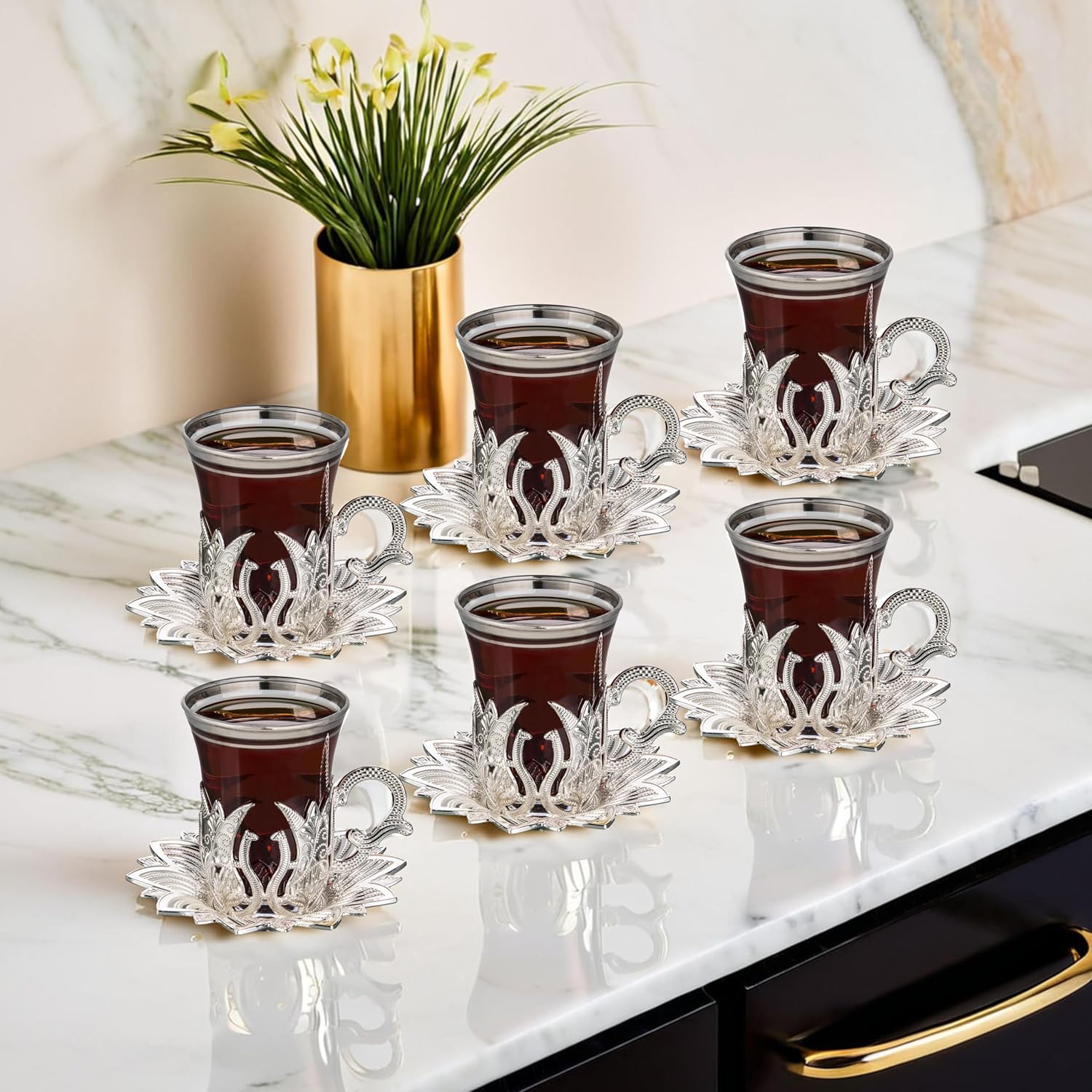 LaModaHome Vintage Handmade Turkish Tea Glasses with Saucer and Holders, Ottoman and Arabic Cups Set of 6 for Serving, Guests, Teatime, Dinner, Housewarming Gifts, Wedding, Events, Tableware - Silver
