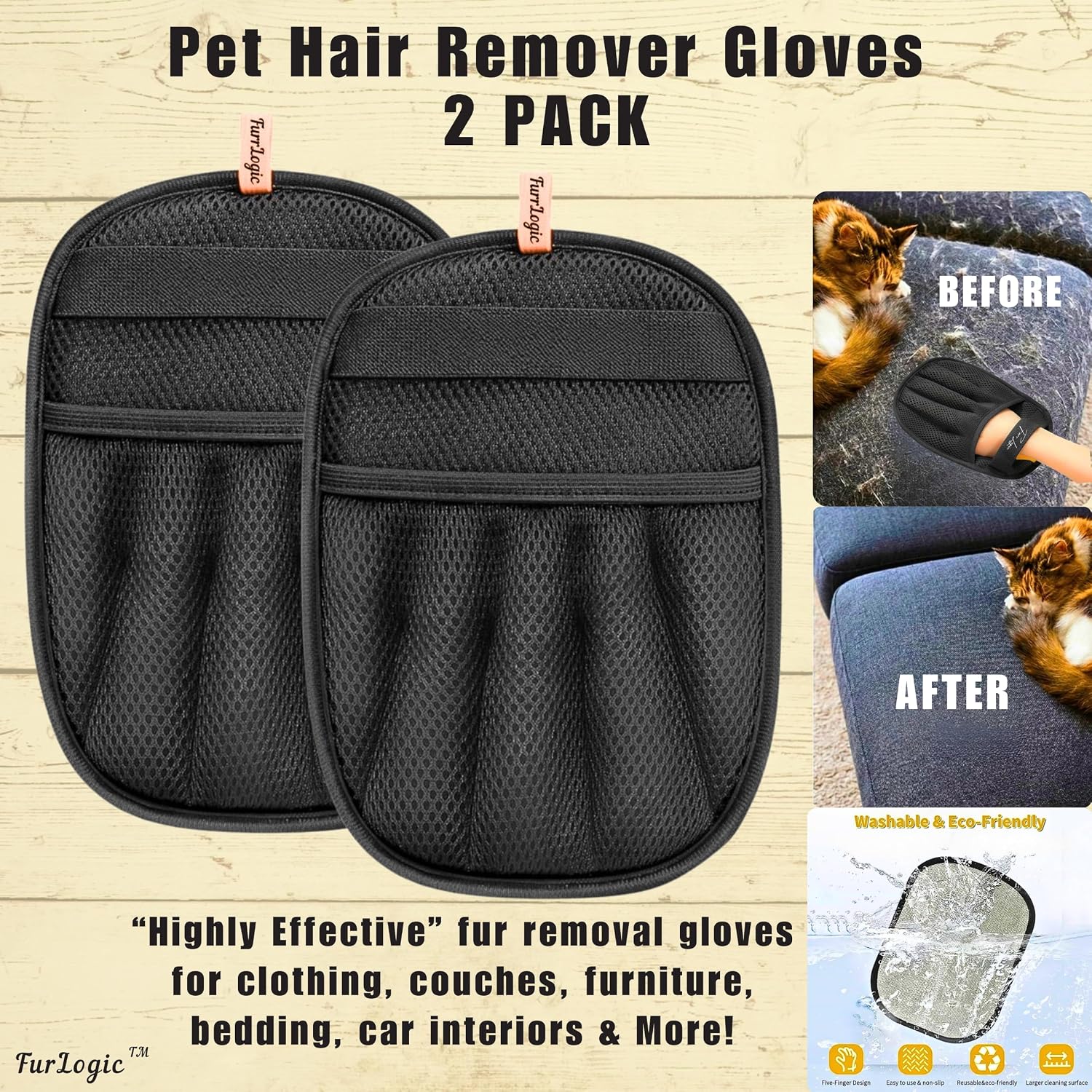 Pet Hair Removal Glove (2PK) - Self Cleaning Cat Hair Brush & Dog Brush - Travel Lint Roller - Furniture Rake for a Clean Home & Happy Pets!