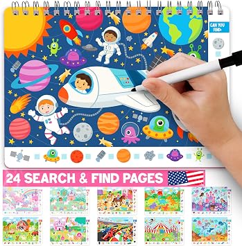 Search and Find Books for Kids 3-5 - Toddler Seek and Find It Game, Preschool Learning Activities, Dry Erase Hidden Pictures Book, Road Trip Busy Book Activities for Kids, Travel Toys Search It Game