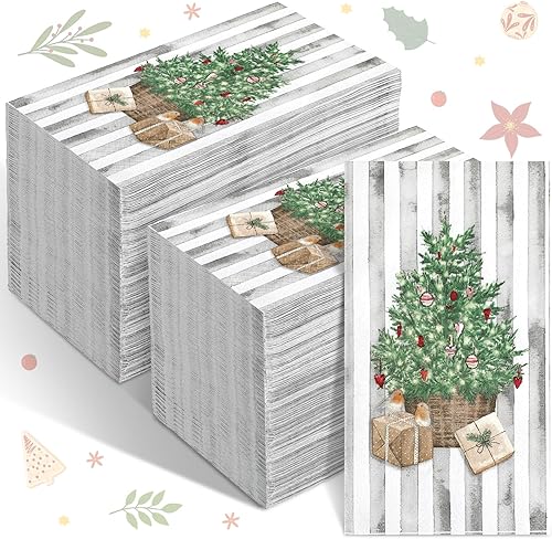 Jetec 200 Piezas Servilletas de Navidad Árbol de Navidad Servilletas Desechables para Invitados Servilletas de Papel Rayas de Invierno Toallas de