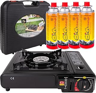 Campingkocher 2in1 Gas Set – Gaskocher mit Piezozündung, 2500 W, für Kartusche & Gasflasche, inkl. 4 x Gaskartusche 393 ml/220 g (MSF-1a), Tragekoffer & Windschutz
