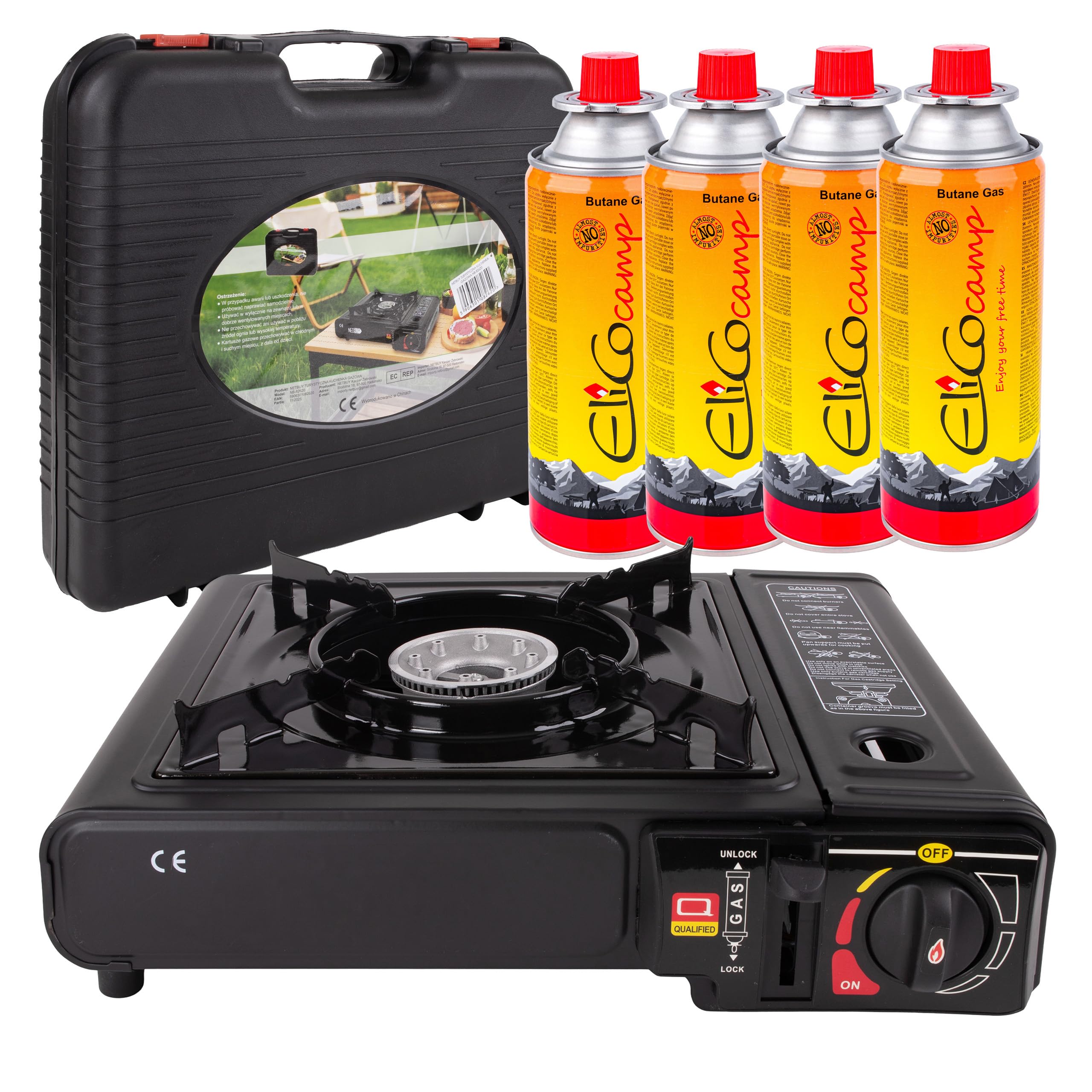 CampSup Campingkocher 2in1 Gas Set – Gaskocher mit Piezozündung, 2500 W, für Kartusche & Gasflasche, inkl. 4 x Gaskartusche 393 ml/220 g (MSF-1a), Tragekoffer & Windschutz