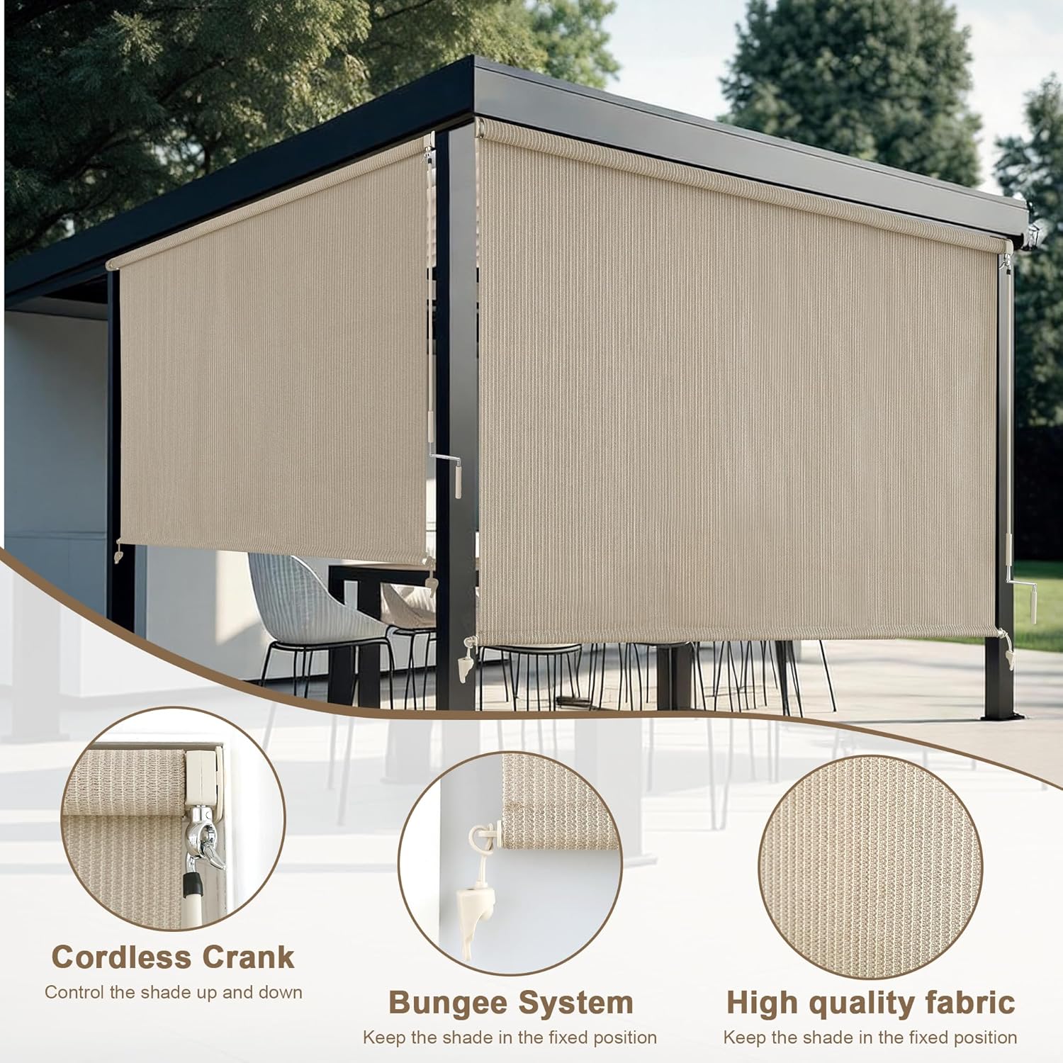 AOSKY Outdoor Roller Shades for Porch Privacy, Cordless Patio Roll Up Blinds with Spliced Pole Design, UV Blocking for Deck, Balcony, Backyard (60x72 Inch, Sesame)