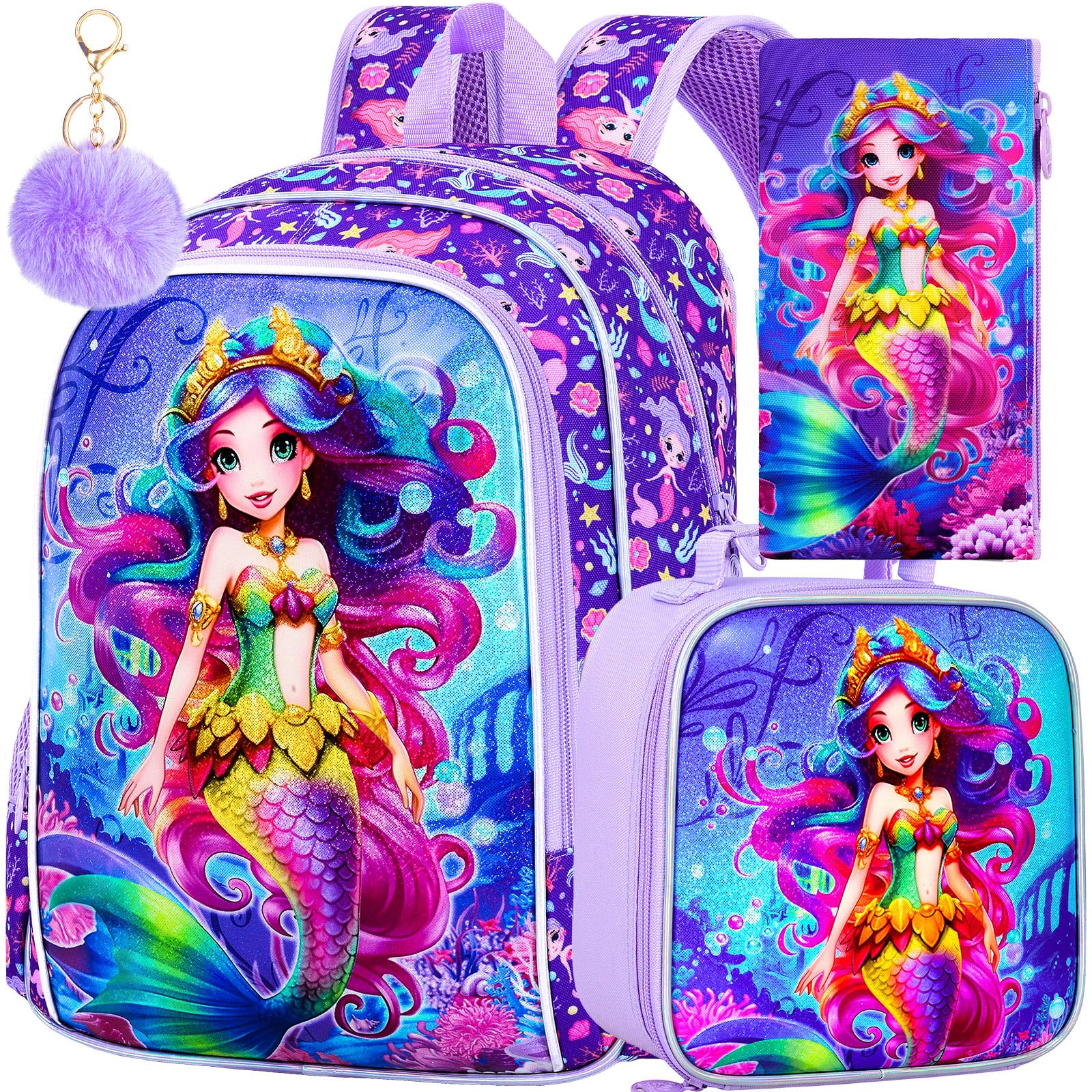 3PCS Mermaid Backpack for Girls, 16" Kids Preschool Bookbag with Lunch Box, Cute Water Resistant School Bag Set for Elementary Kindergarten Toddler
