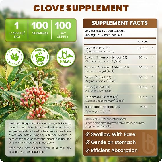 Herbpy 7in1 Clove Supplement 500mg Rich in Vitamins & Minerals Supports Digestion, Immune & Heart Health with Cinnamon, Turmeric, Ginger, Cardamom, Garlic & Black Pepper - 100 Vegan Capsules