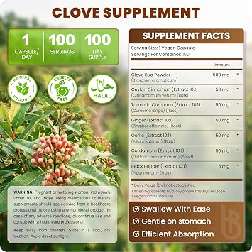 Herbpy 7in1 Clove Supplement 500mg Rich in Vitamins & Minerals Supports Digestion, Immune & Heart Health with Cinnamon, Turmeric, Ginger, Cardamom, Garlic & Black Pepper - 100 Vegan Capsules