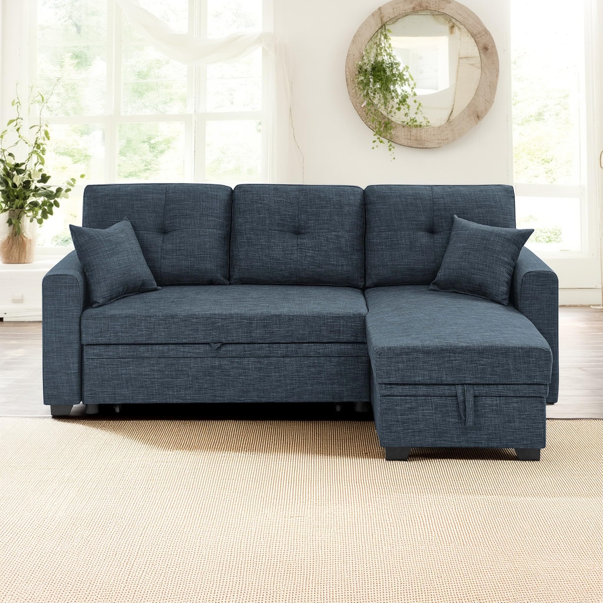84" Linen Upholstered Sleeper Sofa, L-Shaped Sectional Couch with Pull ...