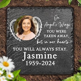 Personalized Memorial Stone with Photo, Memorial Gifts, Sympathy Gifts for Loss of Loved One, Bereavement Gifts, in Memory of Loved One - On Angel's Wings - Square
