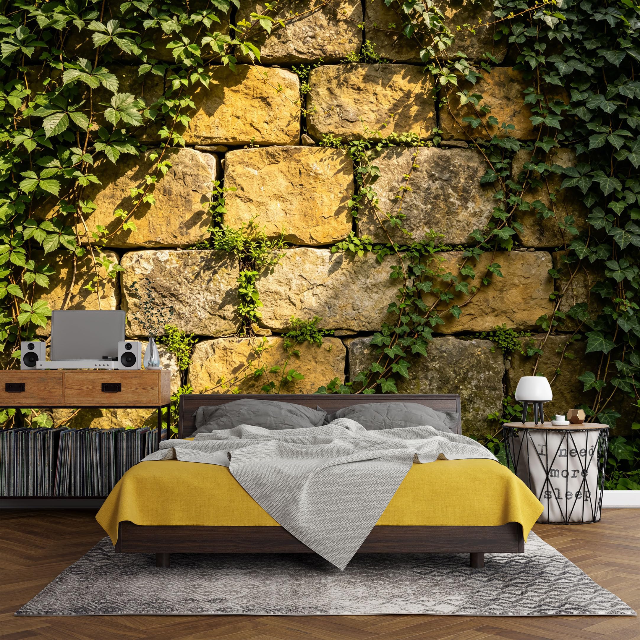 Custom Size Wall Mural， Botanical Ivy Stone Brick Wall Vintage Texture Green Leaves，SelfAdhesive Art Prints wall Fabric (No PVC) Removable Wallpaper Living Room Decor