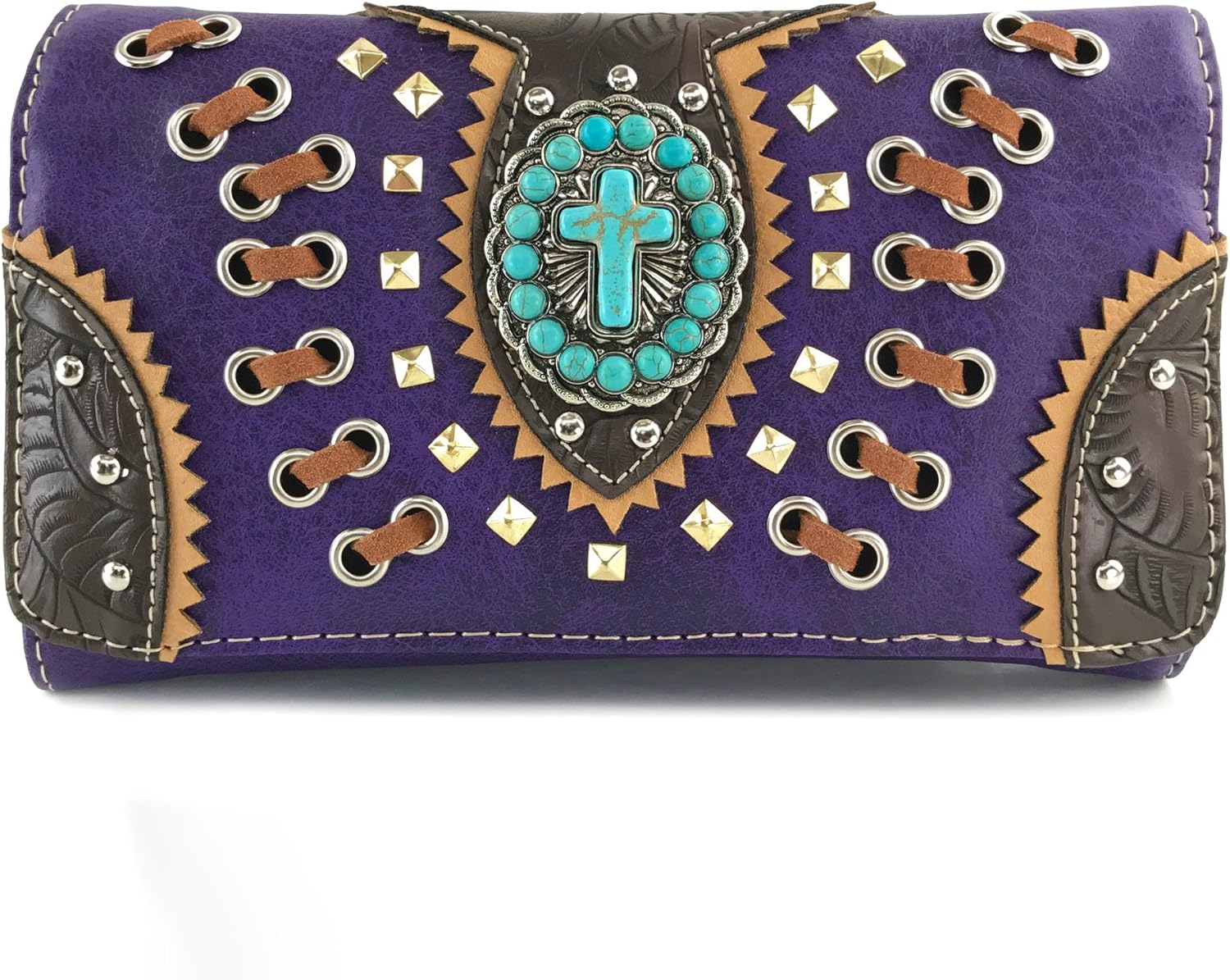Justin West Floral Tooled Embroidered Western Turquoise Stone Cross Conceal Carry Handbag Purse