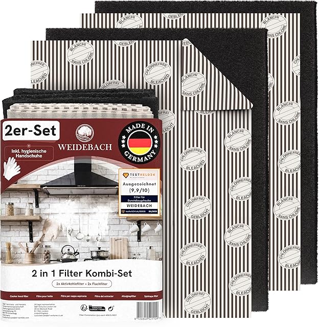 WEIDEBACH® 2 x 2 w 1 zestaw filtrów do okapów kuchennych z węglem aktywnym i filtrem tłuszczu, 57 x 47 cm [możliwość przycięcia]  tylko 1,2 cm grubości  filtr do okapu kuchennego, filtr kombi do