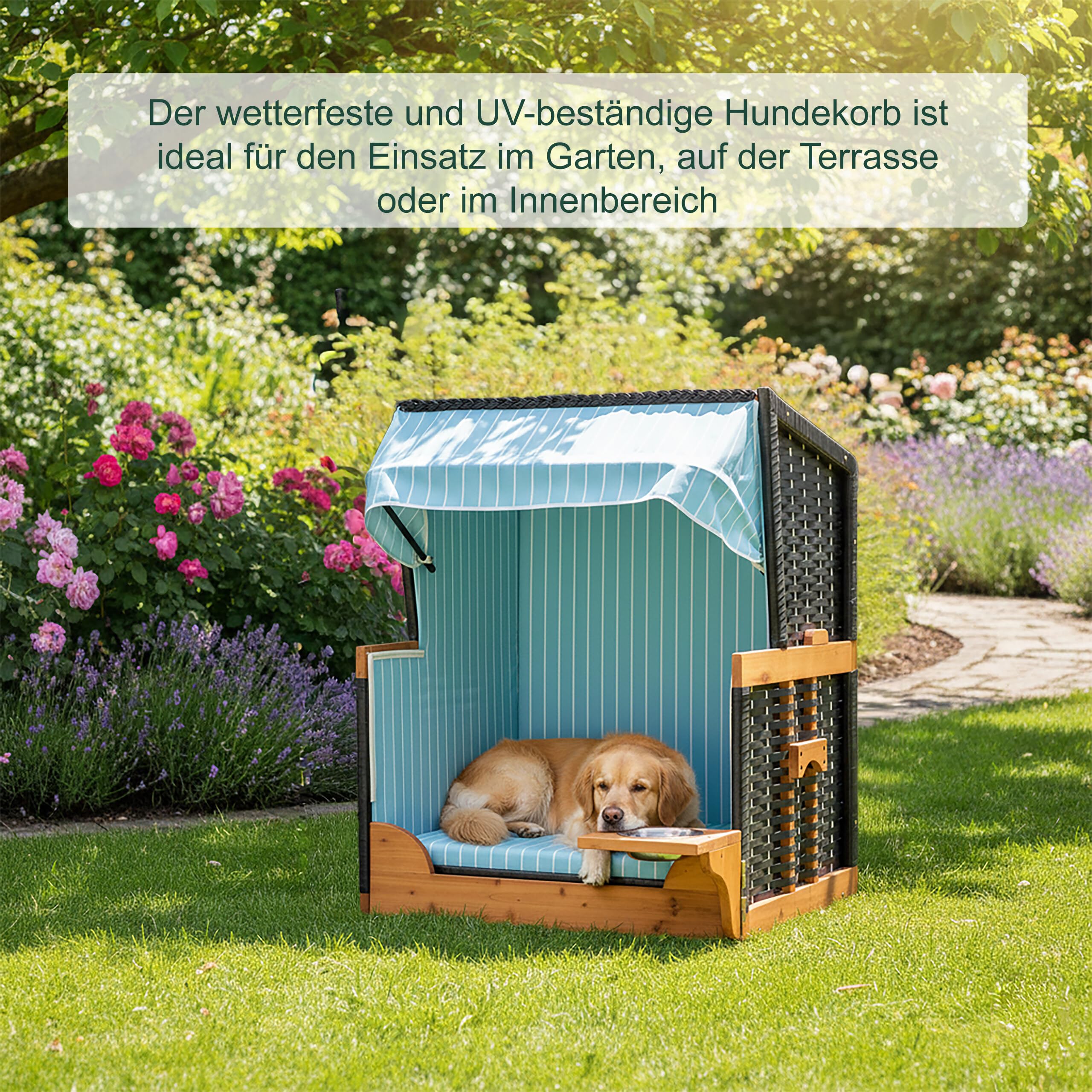 Relaxdays Hundestrandkorb, Rattan, mit Napf, Hundesessel mit Dach, HBT: 95x75x65 cm, Garten & Terrasse, Holz, hellblau