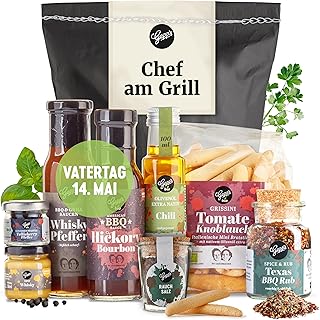 Gepp's Feinkost Chef am Grill Geschenkkorb Vatertagsgeschenk I Köstliches Grill-Geschenk mit Grillsaucen, Feigen Senf, Edel Kräuter Öl, BBQ Rub Gewürz & Grissini I Geschenkidee zum Vatertag