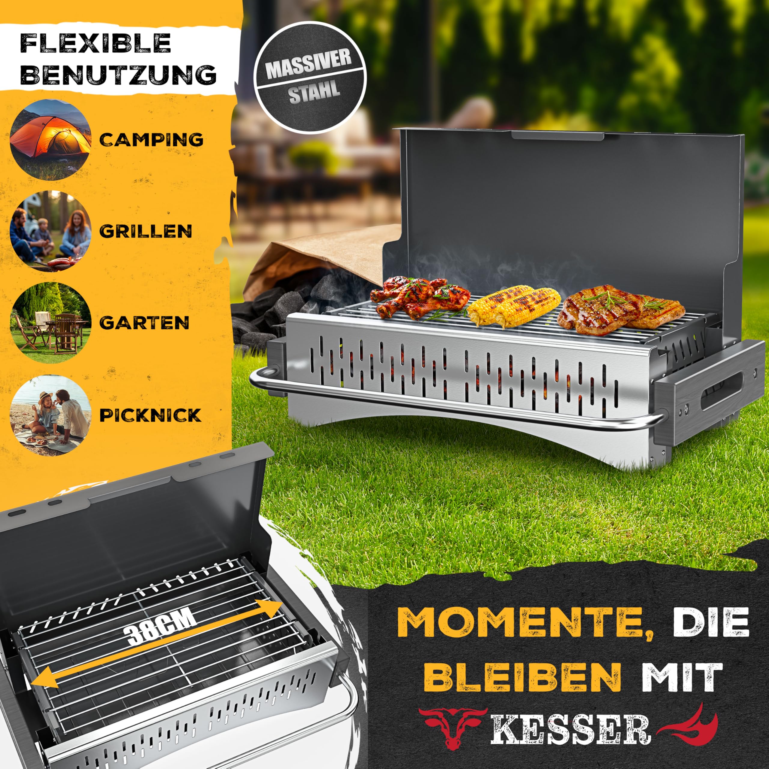 KESSER® Barbecue pieghevole portatile da campeggio | Barbecue a carbonella in acciaio verniciato a polvere con griglia, tappetino per barbecue e borsa per il trasporto | pieghevole ideale per
